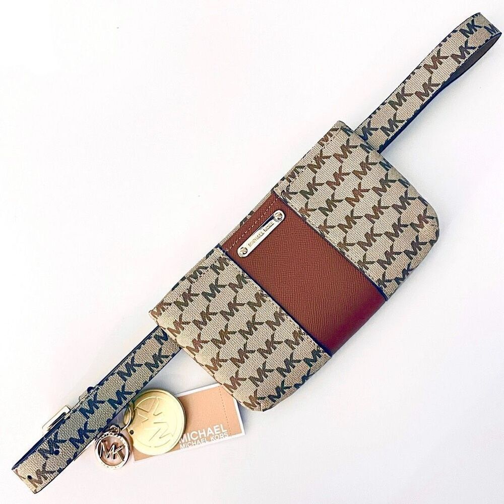 NWT Gorgeous Michael Kors L/XL Waist Fanny Pack Tan Brown Gold Monogram Belt Bag - Picture 2 of 12